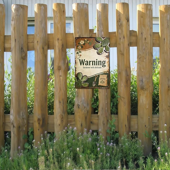Garden Signs for Outside Warning Gardener with Attitude, 2D Flat Funny Metal Signs for Home Garden Patio Yard, Retro Gardening Gifts for Women, Wall Decor 12" x 8"