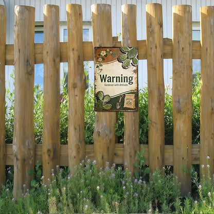 Garden Signs for Outside Warning Gardener with Attitude, 2D Flat Funny Metal Signs for Home Garden Patio Yard, Retro Gardening Gifts for Women, Wall Decor 12" x 8"