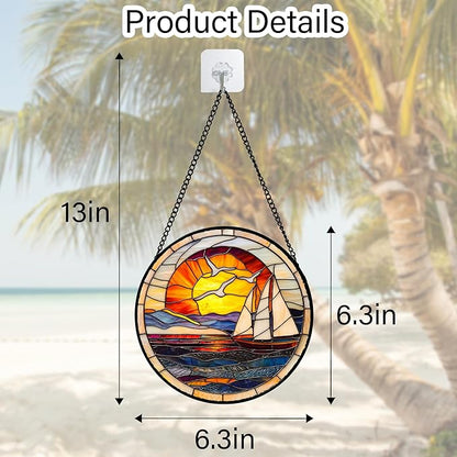 DASTOLL Stained Glass Window Hanging, Sun Ocean Sailboat Seagull Abstract Suncatcher Diamond Glass Panel Sun Catchers Decor for Birthday for Women, Men, Wife, Aunt, and Mom 6.3 in