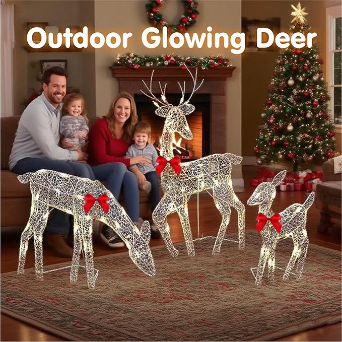 Pre-Lit Outdoor Christmas Deer Family Set, 2D Lighted Reindeer Decoration, 60 LED Warm White Lights, 3-Piece, Waterproof,Battery Powered for Indoor Outdoor Yard Display (A)