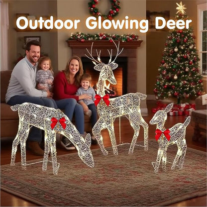 Pre-Lit Outdoor Christmas Deer Family Set, 2D Lighted Reindeer Decoration, 60 LED Warm White Lights, 3-Piece, Waterproof,Battery Powered for Indoor Outdoor Yard Display (A)