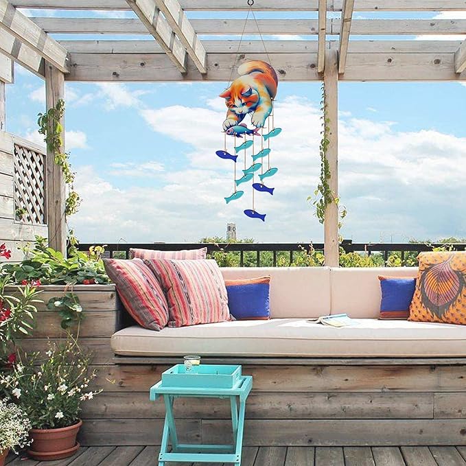 Cute Kitten Fish Wind Chimes for Outside, Handcrafted Windchimes Outdoors Unique,Suncatchers Sea Glass Art Christmas, Patio Beach Hanging Outdoor Home Garden Decor, Christmas Memorial Gifts for Women