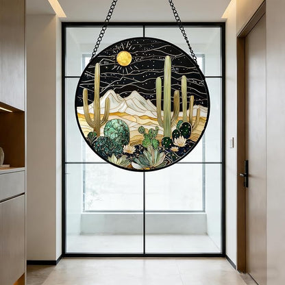 DASTOLL Stained Glass Window Hanging, Black and White Golden Cactus Nature Suncatcher for Doors Window Home Starry Sky Sun Catchers Decor Mother's Day Birthday Gifts for Women, Men Mom 9.8 in