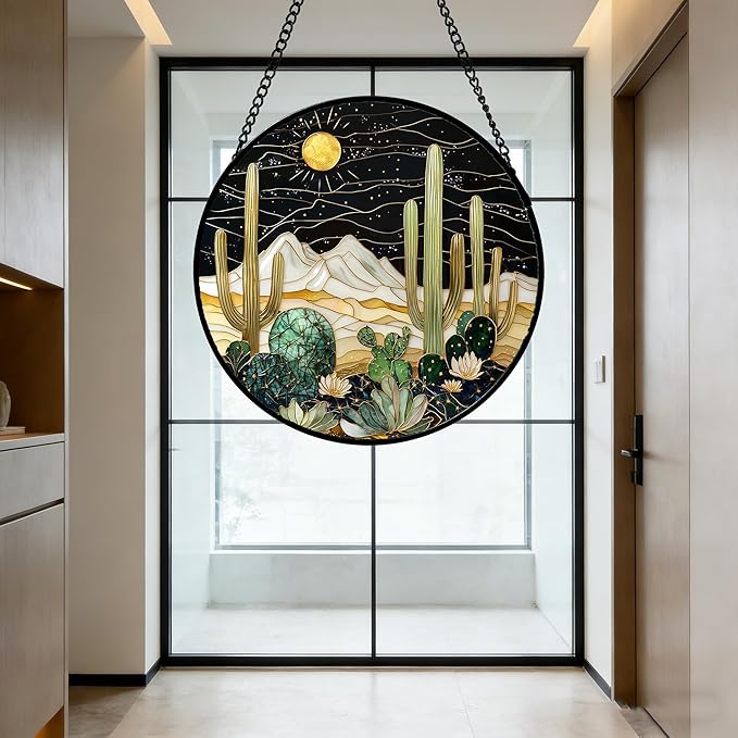 DASTOLL Stained Glass Window Hanging, Black and White Golden Cactus Nature Suncatcher for Doors Window Home Starry Sky Sun Catchers Decor Mother's Day Birthday Gifts for Women, Men Mom 15 in