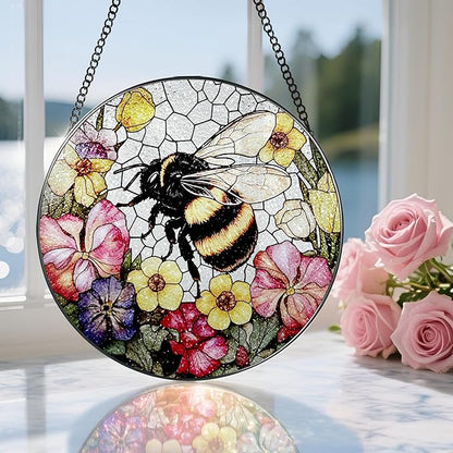 Stained Glass Window Hanging, 8 Inch Bee Stained Glass Ornament, Suncatchers for Windows Hanging, Window Decor, Gift for Garden Lover, Teacher Gift, Holiday, Birthday Gifts for Women Mom and Grandma