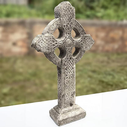 BestNest Athens Celtic Cross Garden Statue on Base – Pre-Aged Concrete Outdoor Religious Sculpture with Impressed Celtic Pattern, Gray Faith Garden Decor