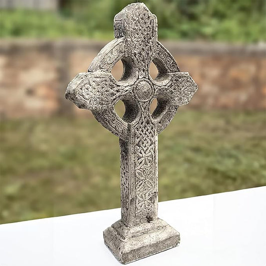 BestNest Athens Celtic Cross Garden Statue on Base – Pre-Aged Concrete Outdoor Religious Sculpture with Impressed Celtic Pattern, Gray Faith Garden Decor