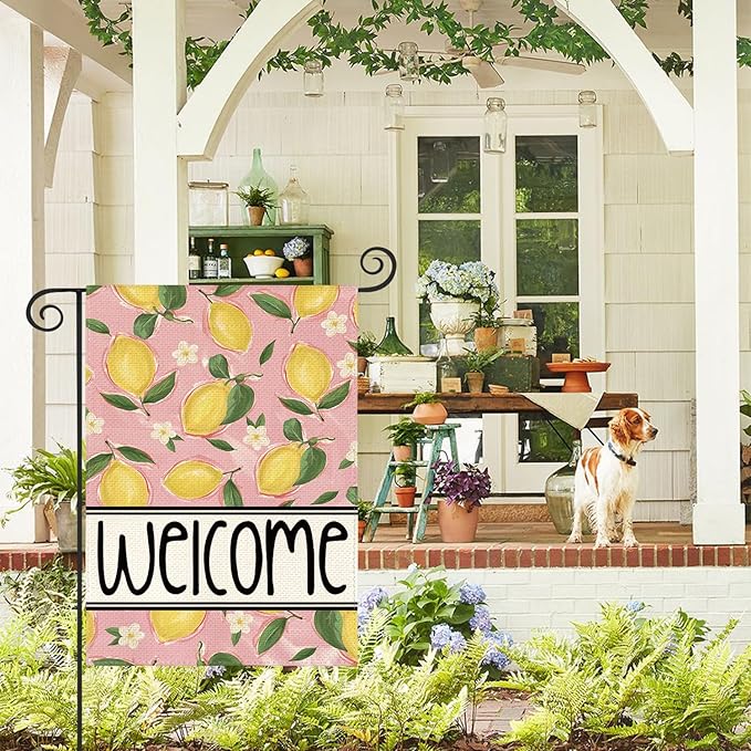 AVOIN colorlife Summer Lemon Garden Flag 12x18 Inch Double Sided Outside, Pink Welcome Seasonal Yard Outdoor Flag