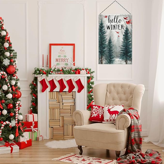Hello Winter Garden Flag Seasonal Double Sided 12 x 18 Inch Small Yard Flag for Indoor Outdoor Decor Holiday All Seasons