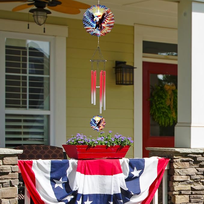 American Eagle Wind Chimes - Metal Flag Windchime with 3D Wind Spinners Outdoor Art Hanging for Garden Yard Patio Lawn Balcony Indoor Home 250 Anniversary Patriotic Decor Gift for Friends
