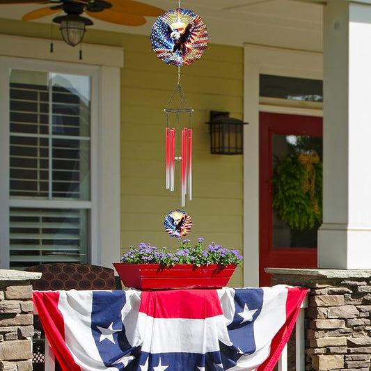 American Eagle Wind Chimes - Metal Flag Windchime with 3D Wind Spinners Outdoor Art Hanging for Garden Yard Patio Lawn Balcony Indoor Home 250 Anniversary Patriotic Decor Gift for Friends