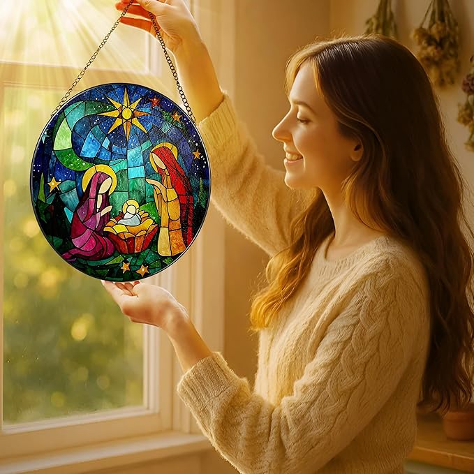 8'' Stained Glass Window Hanging, Nativity Scene Ornament, Religious Ornament, Sun Catcher Window Decor, Christian Holiday Decor, Gifts for Christmas, Christian Gift, Religious Gift
