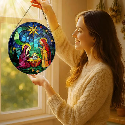 8'' Stained Glass Window Hanging, Nativity Scene Ornament, Religious Ornament, Sun Catcher Window Decor, Christian Holiday Decor, Gifts for Christmas, Christian Gift, Religious Gift
