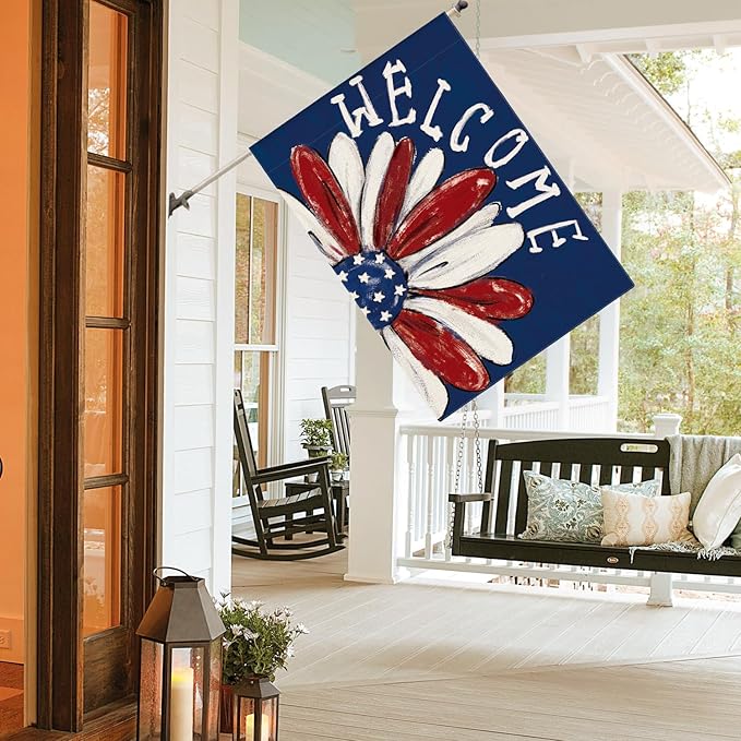 AVOIN colorlife Patriotic 4th of July House Flag 28x40 Inch Double Sided Outside, Memorial Day Floral Welcome Daisy Yard Outdoor Decoration