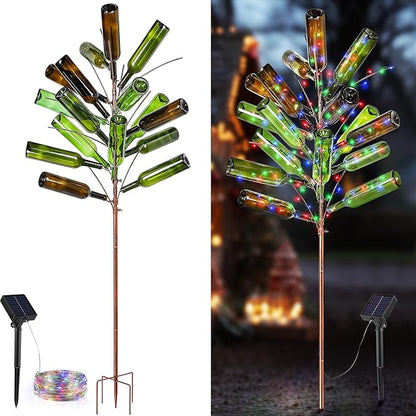 Meonum Solar Light Bottle Tree, 61" Metal Garden Sculpture for Yard & Patio Decor, Colorful Outdoor Wine Holder for Garden & Lawn Decoration, Holds 24 Glass Containers(Bronze)