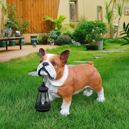 French Bulldog Garden Statue with Solar Lantern & Double-Sided Sign - Realistic Frenchie Outdoor Decor for Patio, Yard, Porch - Waterproof Resin Dog Sculpture - Gift for Frenchie Lovers, Mom, Dad