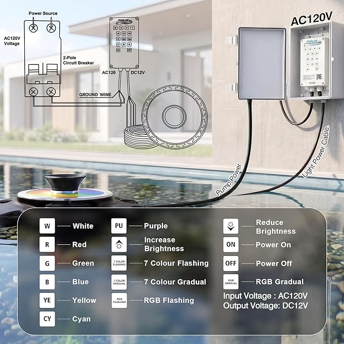Pond Fountain Aerator Lights, RGB LED Color-Changing Aerator Floating Fountain Light, AC 120V, 100ft Cable with Controller, APP & Remote Control, IP68 Waterproof, Compatible with Most Pond Aerators