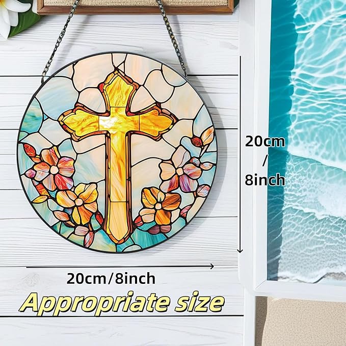 Stained Glass Cross Sun Catcher - 8'' Handcrafted Suncatcher for Window Home Decor, Symbolizing Faith, Hope, and Light, Perfect for Spiritual Spaces, Weddings, and Religious Celebrations (F)