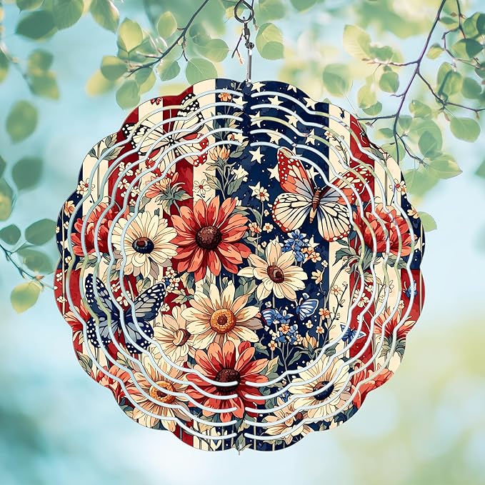 American Butterfly Floral Wind Spinner Outdoor, USA 250th Anniversary Wind Chime, 8 Inch 3D Metal Garden Wind Spinner, Stainless Steel Patriotic Yard Hanging Decor Gift