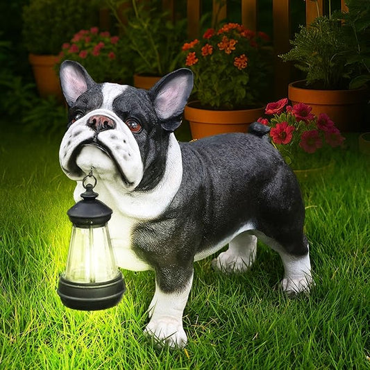 Outdoor French Bulldog Dog Statue with Interchangeable Welcome Sign and Detachable Solar Lantern –LED Light Garden Dog Sculpture Décor, Cute Puppy Design for Yard, Porch, Gift