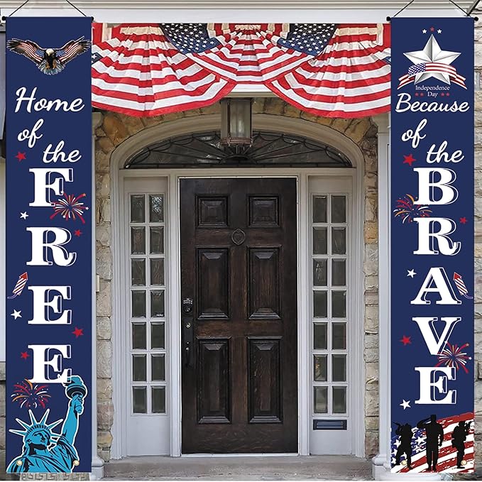 4th of July Patriotic Banner Decor - Independence Day Porch Sign - Memorial Day Hanging Banners Porch Decorations for Front Door Outside Yard Garden Party Supplies