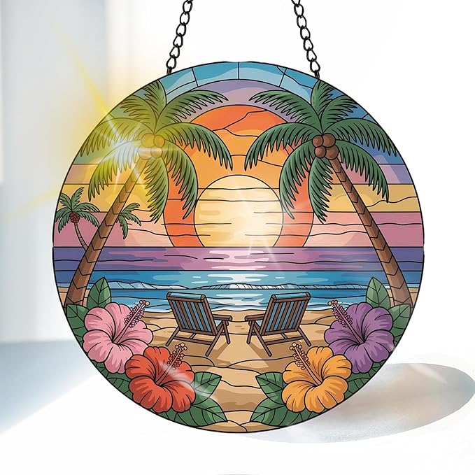 VAIIEYO Beach Sun Catcher Stained Glass Window Hanging Ornament, Handmade Summer Sun Catcher Chair Decoration with Hooks for Window Garden Home, Mother's Day & Birthday Housewarming Gift (7.8 inch)