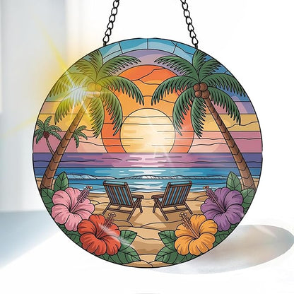 VAIIEYO Beach Sun Catcher Stained Glass Window Hanging Ornament, Handmade Summer Sun Catcher Chair Decoration with Hooks for Window Garden Home, Mother's Day & Birthday Housewarming Gift (7.8 inch)