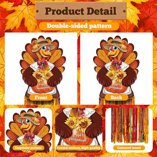 DoubleFill 8 Pcs Thanksgiving Turkey Outdoor Hanging Decorations with Tassels Fall Harvest Yard Decoration Windsocks for Outside 3.3ft Signs for Wall Home Lawn Yard Tree Party Supplies Garden Decor