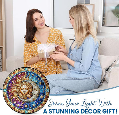 FLAGWIX Christmas Spiritual Gifts for Women Men - Stained Glass Window Hanging 10 in for Sun and Moon Decor - Sun Catchers Indoor Window, Boho Suncatchers for Celestial Decor, Christmas Decorations
