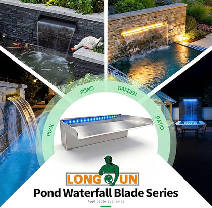 LONGRUN Stainless Steel Waterfall Spillway, APP Control Multi-Color LED Light Outdoor Pool Fountain, Water Spillway Koi Pond Waterfalls Fountains Kit for Garden Patio Swimming Pool Decoration-35.4"
