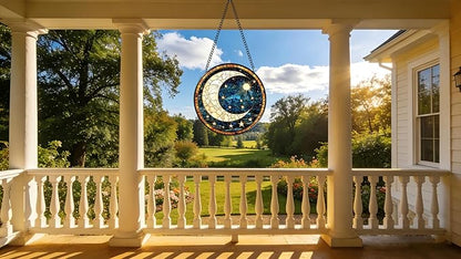 Funoasis Stained Glass Window Hanging 6.3 Inches Suncatcher - Deep Blue Sky A Crescent Moon and Many Stars Ornaments Sun Catcher Home Decor Women Birthday