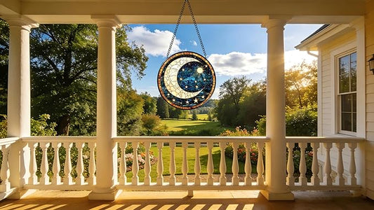 Funoasis Stained Glass Window Hanging 6.3 Inches Suncatcher - Deep Blue Sky A Crescent Moon and Many Stars Ornaments Sun Catcher Home Decor Women Birthday