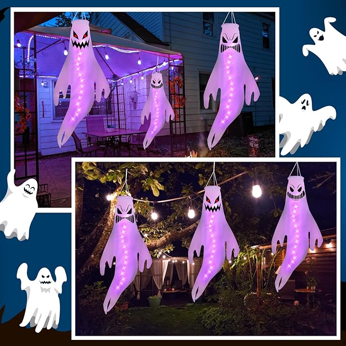 Geefuun 3PCS Purple Halloween Fierce Ghost Windsocks Hanging Decorations - 43 Inch Flag Wind Socks for Home Yard Outdoor Decor Party Supplies (Batteries Not Included,No Timer)