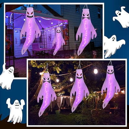 Geefuun 3PCS Purple Halloween Fierce Ghost Windsocks Hanging Decorations - 43 Inch Flag Wind Socks for Home Yard Outdoor Decor Party Supplies (Batteries Not Included,No Timer)