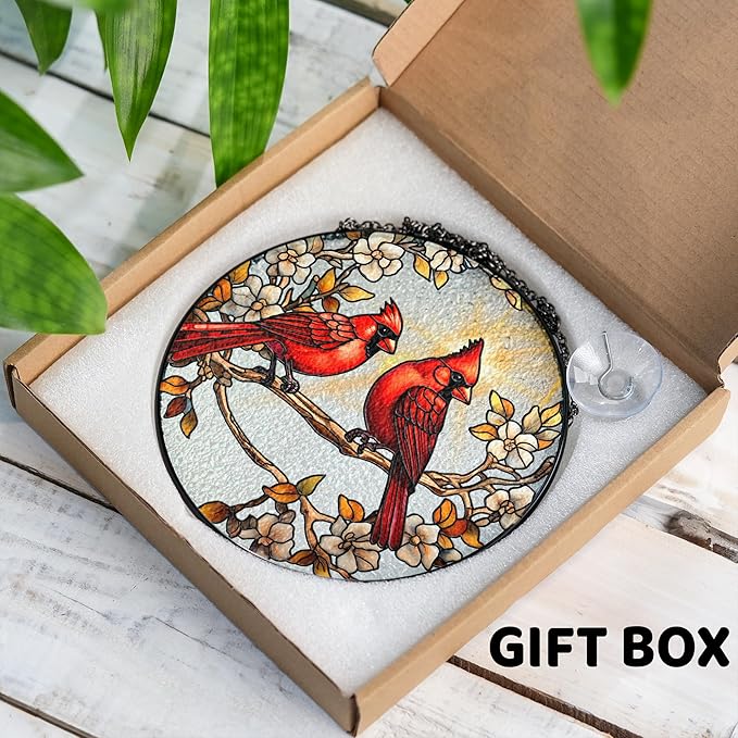 7.8" Cardinals Stained Glass Suncatcher, Red Birds Suncatcher for Window Hanging, Decor for Home Garden Housewarming, Cardinal Gift for Women, Girl, Mom, Grandma, Friend BIRD-41B-SG8