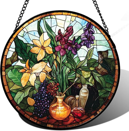 Stained Glass Window Hanging Berry Plant Purple Yellow Flowers in Vase 9.8" - Suncatcher Door Garden Sun Catcher Home Decor Birthday Christmas for Mom Men Woman Nana