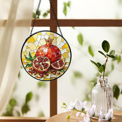 Pomegranate Decor, Summer Pomegranate Suncatchers Stained Glass Window Hanging, Summer Fruit Sun Catchers Indoor Window Glass Round Wall Decor, Fruit Kitchen Decor 7.9x7.9in