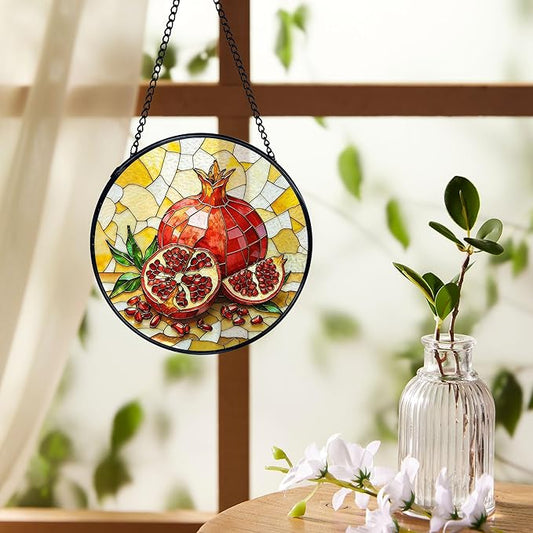 Pomegranate Decor, Summer Pomegranate Suncatchers Stained Glass Window Hanging, Summer Fruit Sun Catchers Indoor Window Glass Round Wall Decor, Fruit Kitchen Decor 7.9x7.9in