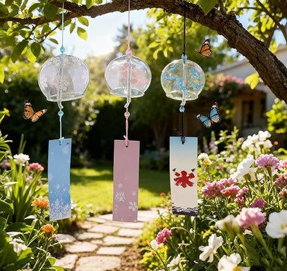 Japanese Wind Chimes, Set of 3 Glass Windchime Wind Bells Flower Painted Pattern, Garden Patio Hanging Decoration