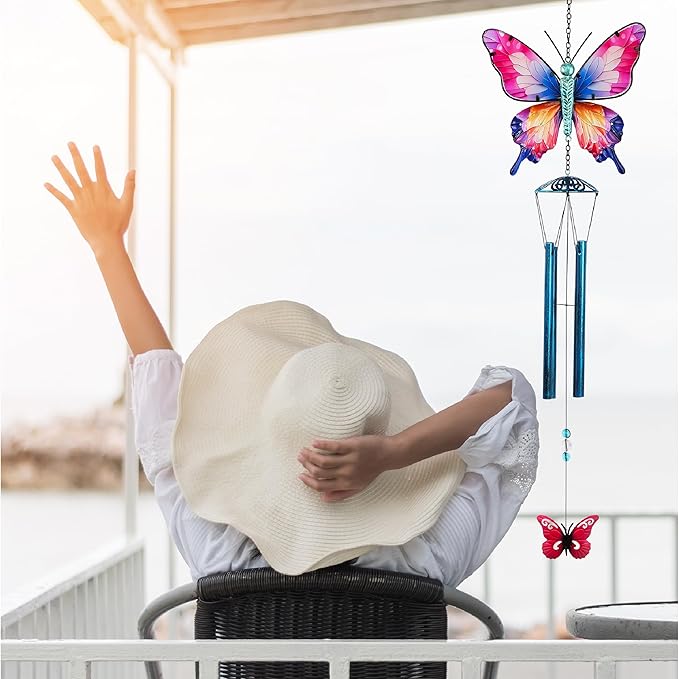 CoTa Global Magical Butterfly Wind Chime - Insect-Themed Metal Hanging Decor with Metallic Blue-Tone Tubes and Beaded Accents, Indoor Outdoor Porch Patio Garden Decoration - 32 Inches
