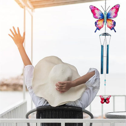 CoTa Global Magical Butterfly Wind Chime - Insect-Themed Metal Hanging Decor with Metallic Blue-Tone Tubes and Beaded Accents, Indoor Outdoor Porch Patio Garden Decoration - 32 Inches