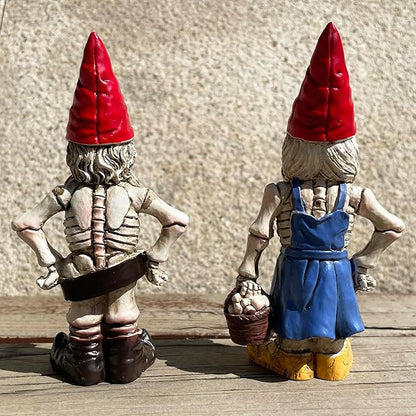 2PCS Male and Female Halloween Skeleton Gnome Couple Garden Statue Zombie Gnome Sculptures Resin Dwarf Figurines for Indoor Home Ornaments Outdoor Patio Yard Lawn Porch Decor