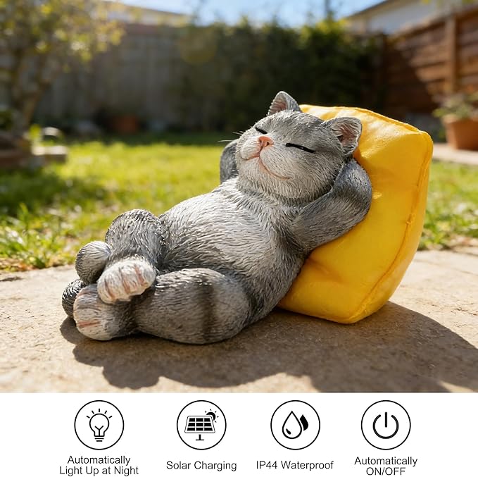 Suyorpe Solar Cat Outdoor Statues Mini Garden Decor - Sleeping Kitten Figurine for Outside Yard Art Lawn Porch Patio Balcony Decorations,Birthday Choice for Mom Grandma Women Lover