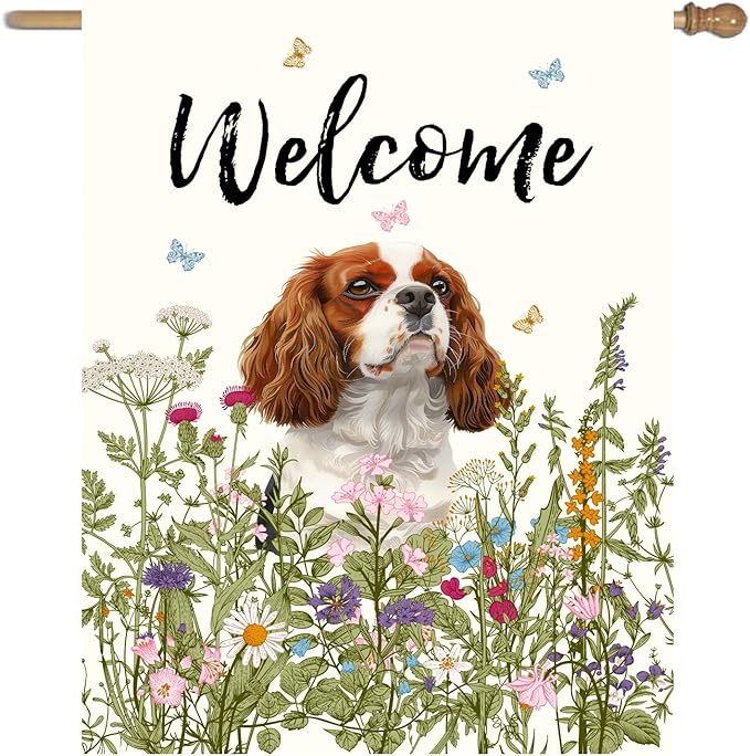 Floral Cavalier King Charles Spaniel Garden Flag Spring Summer House Flags 28 x 40 Double Sided Flower Dog Yard Flags for Outside Large Outdoor Welcome Flags