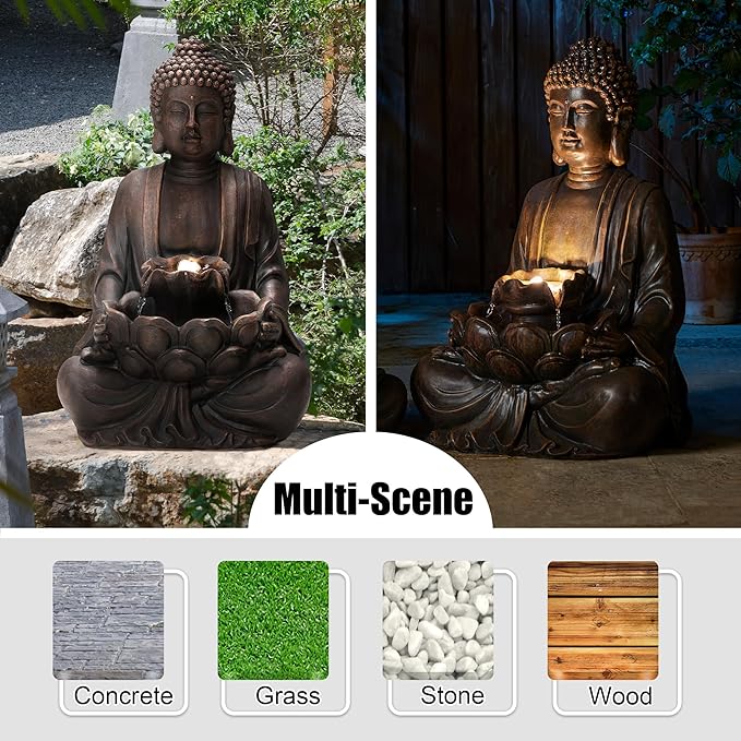 Glitzhome Buddha Statue 28" H, Outdoor Buddha Large Statue Zen Style Buddha Fountian with LED Light & Pump Polyresin Outdoor Floor Freestanding Fountain Garden Buddha Sculptures & Statues Lawn Décor