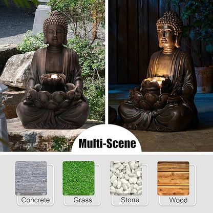 Glitzhome Buddha Statue 28" H, Outdoor Buddha Large Statue Zen Style Buddha Fountian with LED Light & Pump Polyresin Outdoor Floor Freestanding Fountain Garden Buddha Sculptures & Statues Lawn Décor