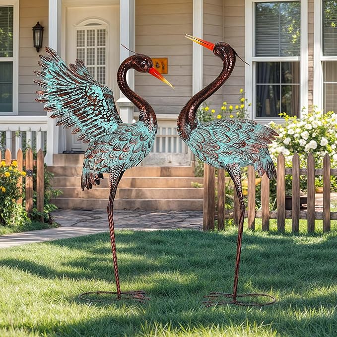 Extra-Large Metal Blue Heron Garden Statue, Handcrafted 36.8" Crane Decor Sculptures with Stable U-Ground Stakes, Backyard Decoration, Metal Garden Bird Animal Yard Art, Lawn Ornament Decor