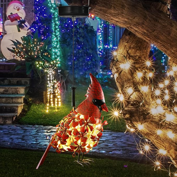 Glooglitter Cardinal Solar Lights Hanging Decoration Garden Outdoor Decor Metal Gifts Waterproof for Yard Front Porch Lawn Driveway Patio Backyard Pathway Gardening Lanterns Gift