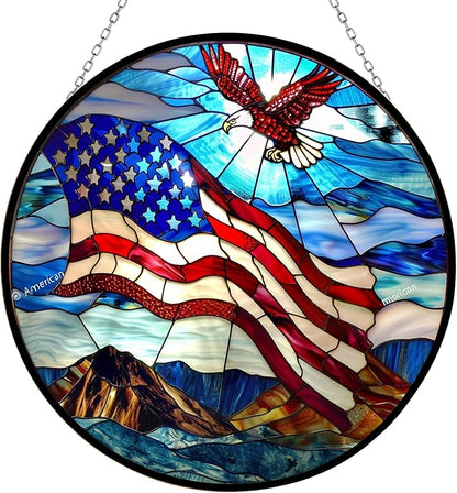American Flag Stained Glass Sun Catcher Mountain Stained Glass Window Hanging, Suncatchers Lavender Wall Decor, for Women/Friends/Lover