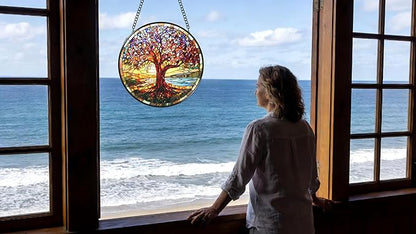 Funoasis Stained Glass Window Hanging 6.3 Inches Suncatcher - The Tree of Life Shines Brightly in The Sunlight Ornaments Sun Catcher Home Decor Women Birthday